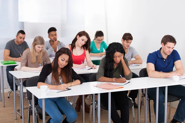 Studenti universitari che scrivono alla scrivania — Foto Stock