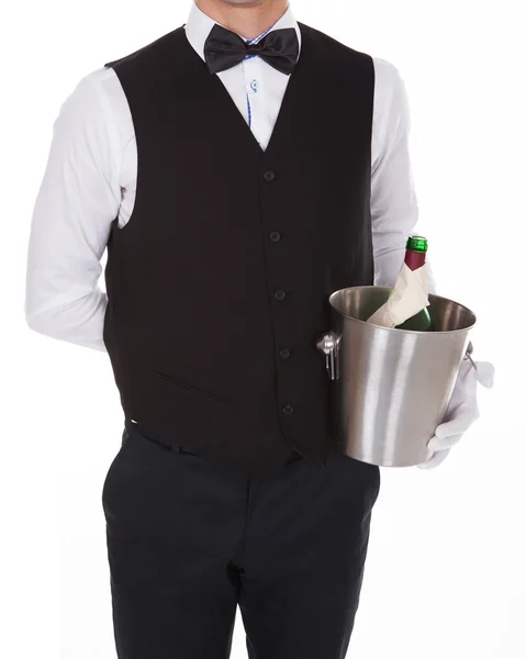 Waiter Holding Champagne Bottle In Cooler — Stock Photo, Image