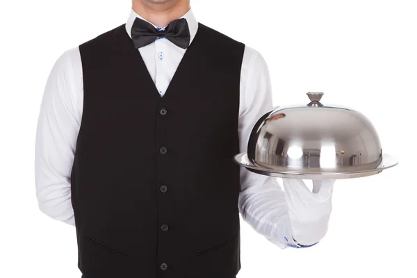 Waiter Holding Metal Cloche Lid Cover On Tray — Stock Photo, Image