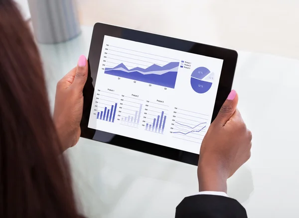 Geschäftsfrau analysiert Finanzdiagramme auf digitalem Tablet — Stockfoto