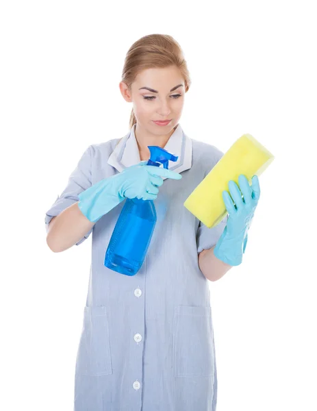 Woman Holding Cleaning Liquid And Sponge Stock Picture