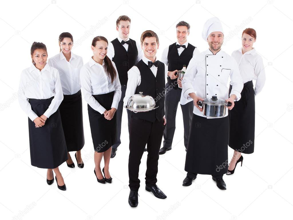 Large group of waiters and waitresses