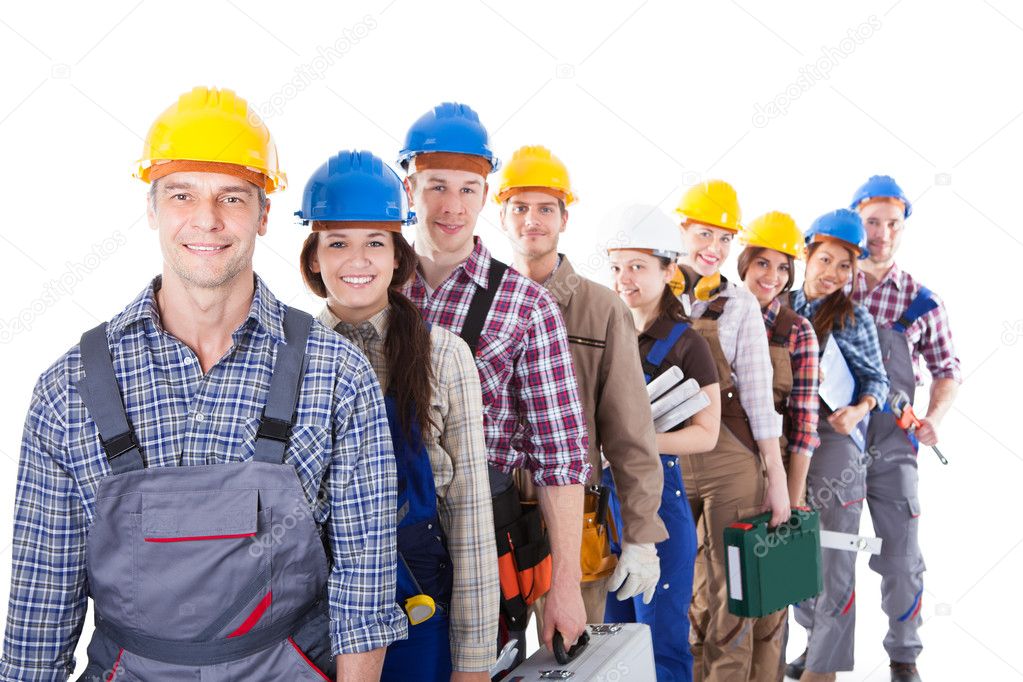 Large group of construction workers queuing up