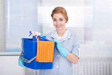 Young Maid Holding Cleaning Supplies clipart