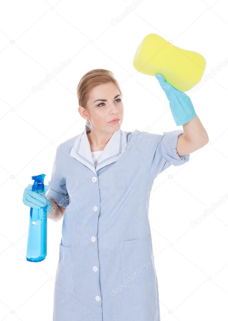 Happy Maid Holding Cleaning Liquid And Sponge