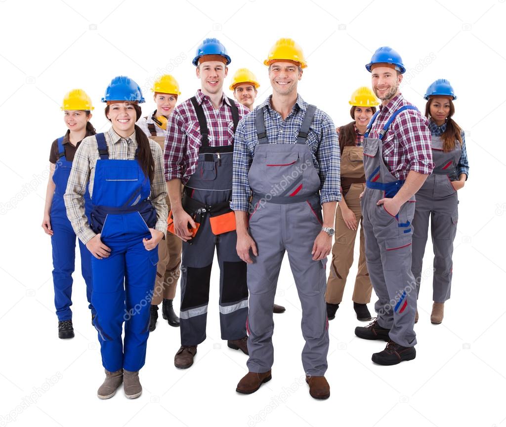 Confident diverse team of workmen and women