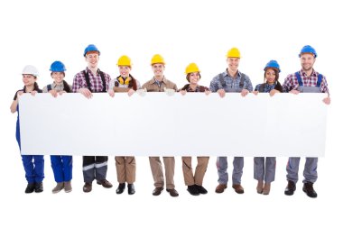 Group of workmen and women with a banner clipart