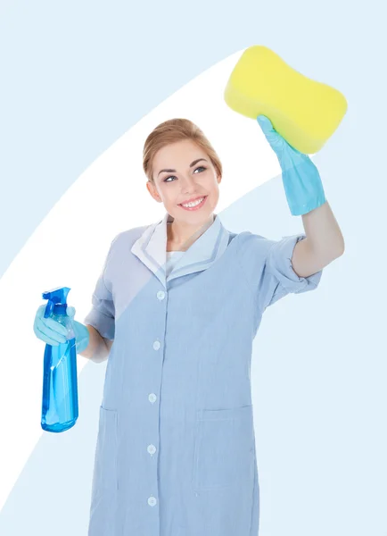 Happy Maid Holding Cleaning Liquid And Sponge — Stock Photo, Image