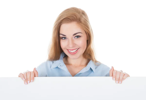 Smiling Woman Holding Placard — Stock Photo, Image