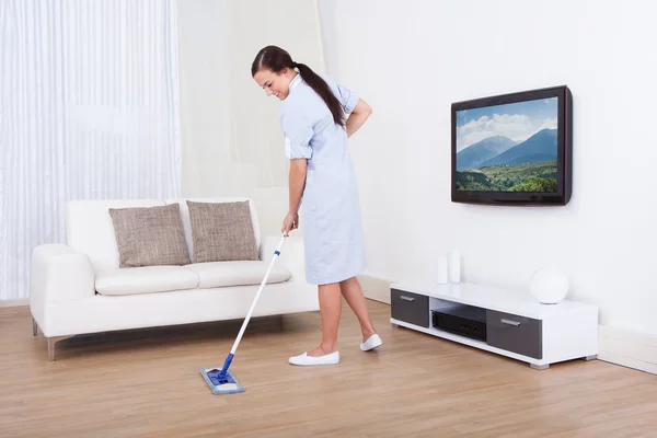 Maid Cleaning Floor With Mop — Stock Photo, Image