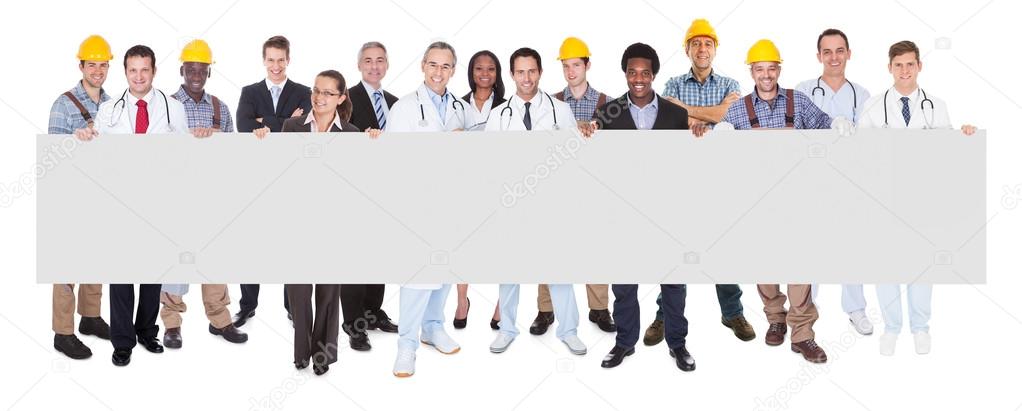 Smiling People With Various Occupations Holding Blank Billboard