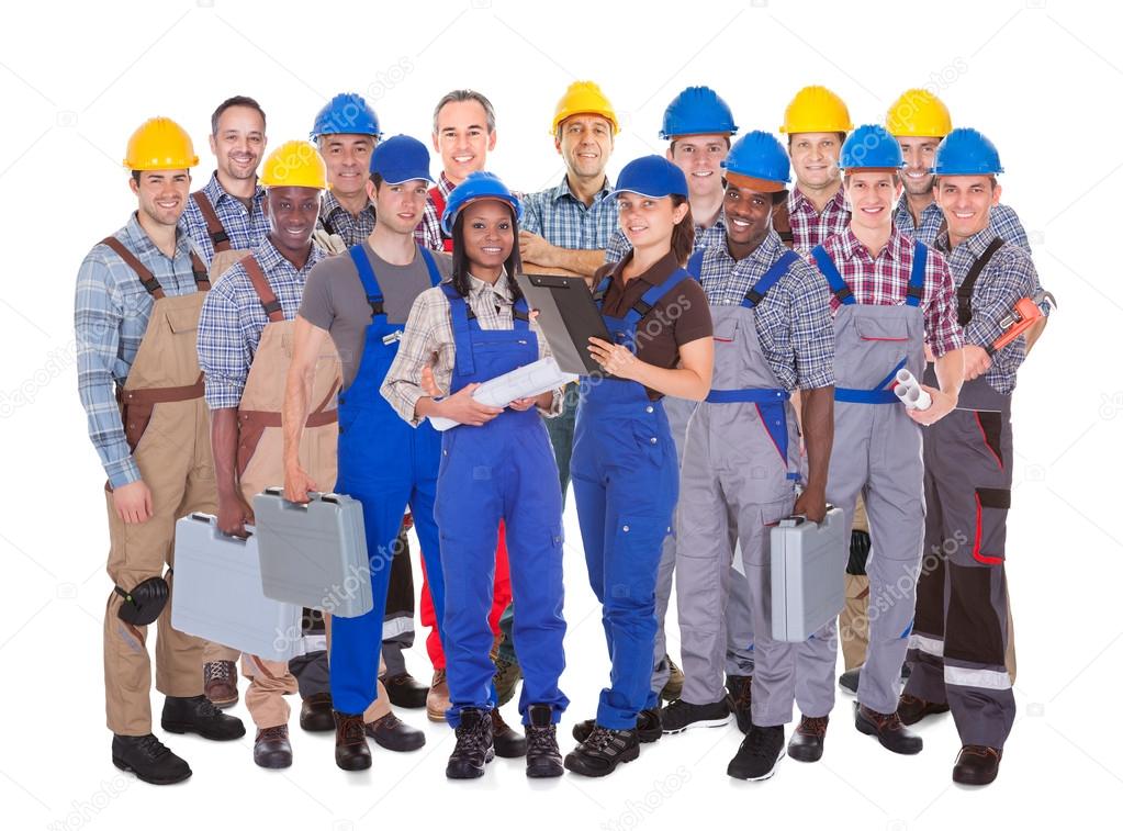 Confident Manual Workers Against White Background