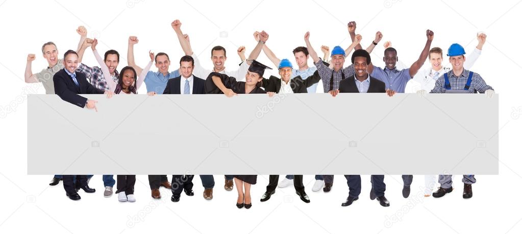 Smiling People With Various Occupations Holding Blank Billboard