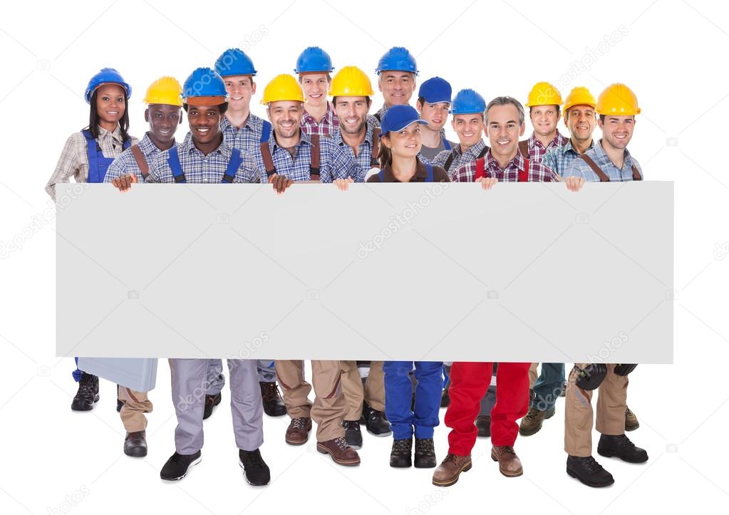 Multiethnic Manual Workers Holding Blank Banner