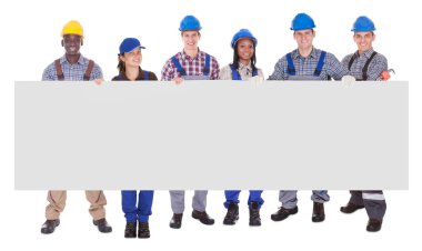 Multiethnic Workers with Blank Banner clipart