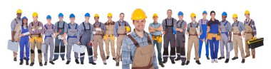 Construction Worker With Colleagues Over White Background clipart
