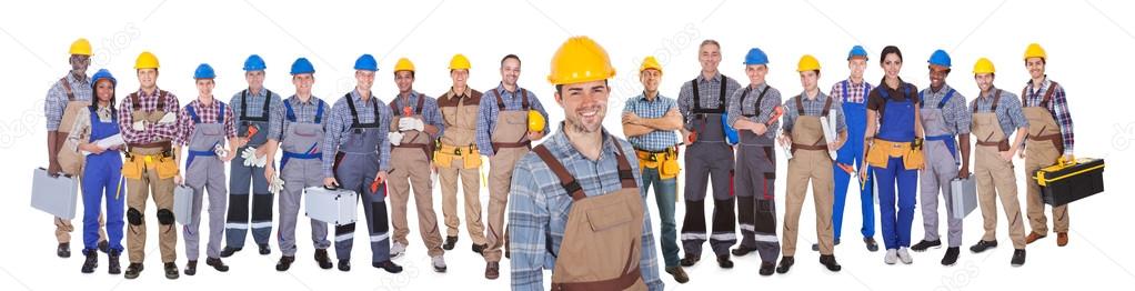 Construction Worker With Colleagues Over White Background