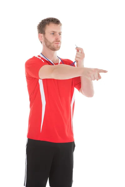 Referee Pointing While Holding Whistle — Stock Photo, Image