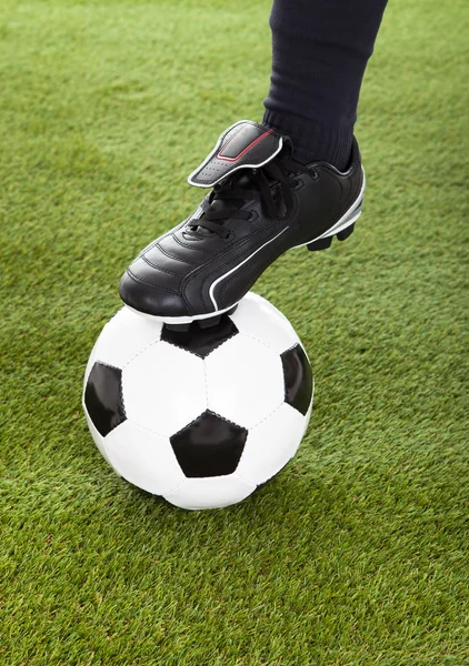 Player's Leg On Soccer Ball — Stock Photo, Image