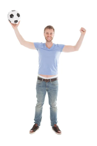 Man With Arms Raised Holding Soccer Ball — Stock Photo, Image