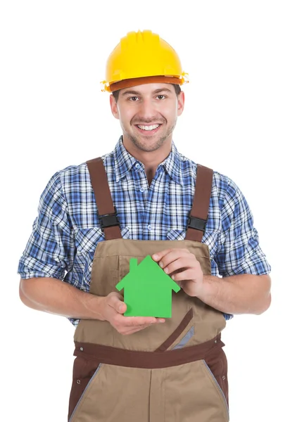 Male Builder Holding Green House — Stock Photo, Image
