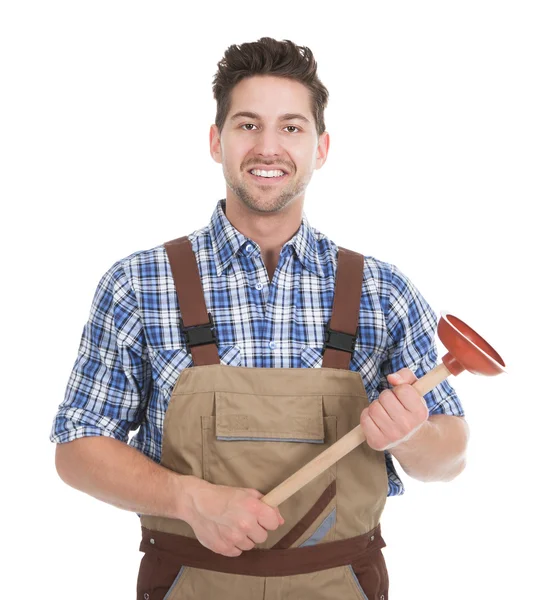 Male Plumber Holding Plunger — Stock Photo, Image