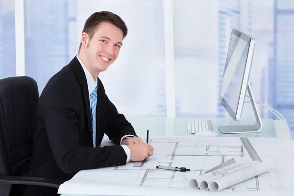 Architect Working On Blueprint — Stock Photo, Image