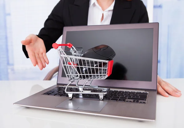 Modelo de carrinho de compras e laptop — Fotografia de Stock