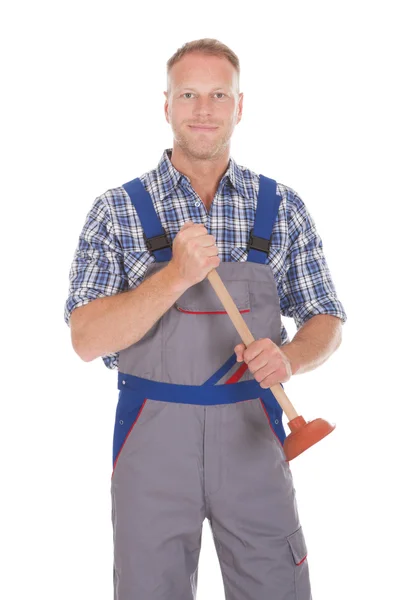 Male Plumber Holding Plunger — Stock Photo, Image