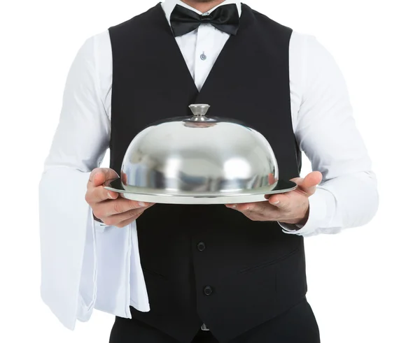 Waiter Holding Domed Tray — Stock Photo, Image