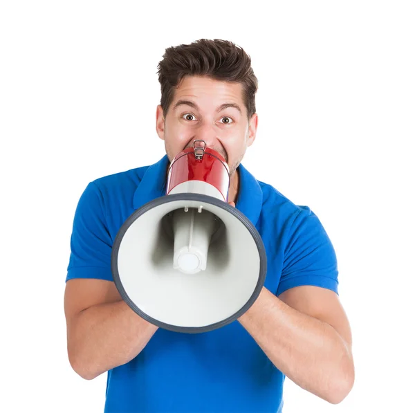 Homem gritando em Bullhorn — Fotografia de Stock