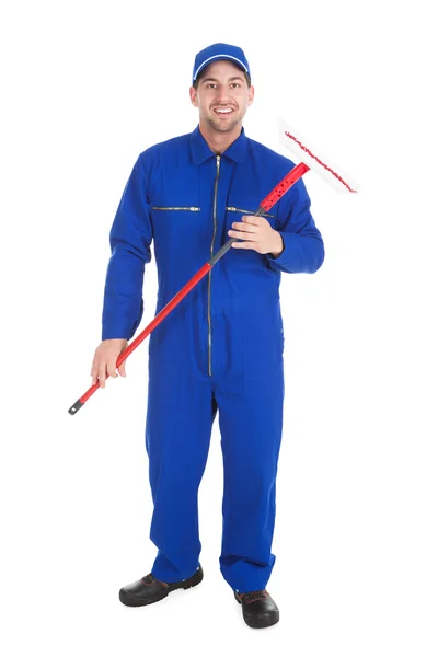 Male Cleaner Holding Mop — Stock Photo, Image