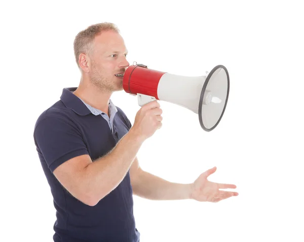 Mann schreit in Bullhorn — Stockfoto