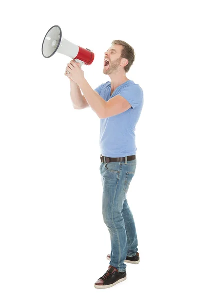 Uomo urlando in megafono — Foto Stock