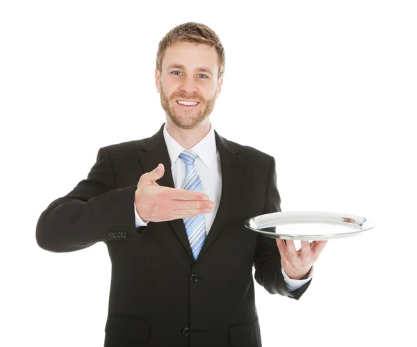 Businessman Holding Empty Tray — Stock Photo, Image