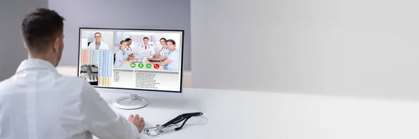 Doctor Online Video Conference Ιατρική Webinar Στον Υπολογιστή — Φωτογραφία Αρχείου