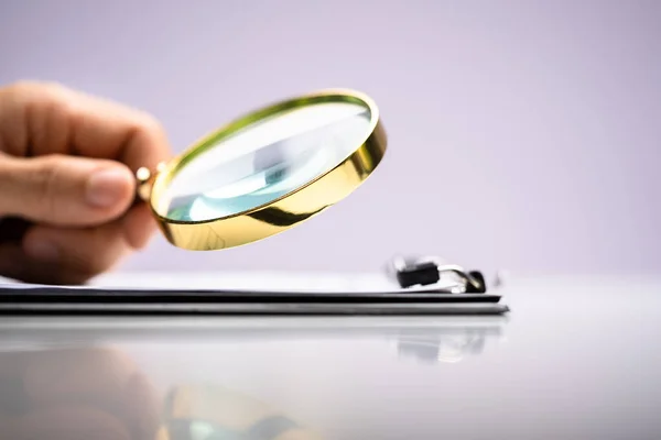 Lawyer Examining Magnifier Glass Business Tax Fraud Investigation — Stock Photo, Image