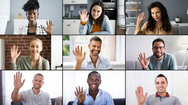 Videokonferens Online Ring Viftande Hand Grupp Chatt Screen — Stockfoto