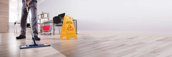 Full Length Portrait Happy Female Janitor Mopping Floor Office — Stock Photo, Image