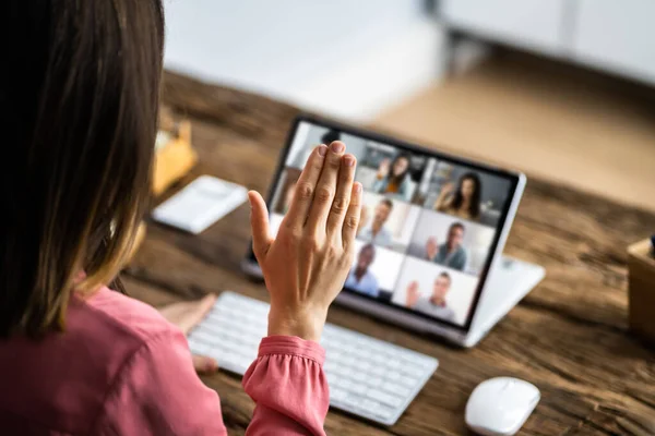 Webinaire Vidéoconférence Réunion Téléphonique Ligne Sur Ordinateur Portable — Photo