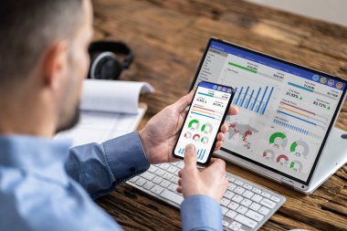 KPI İş Analitik Veri Kontrol Paneli. Analizci Bilgisayar Kullanıyor