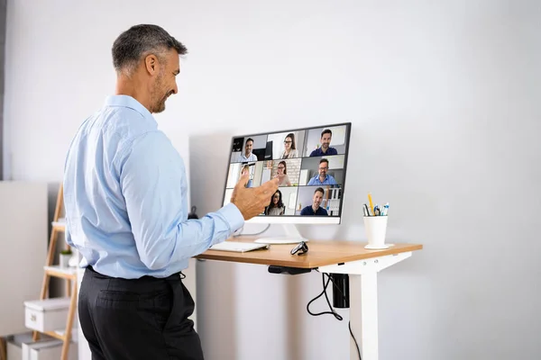 Adjustable Height Desk Stand Office Using Computer — Stock Photo, Image