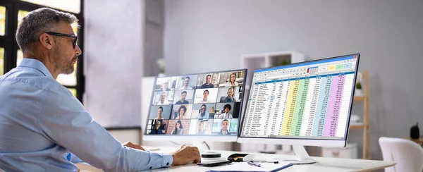 Videoconferentie Webinar Business Call Meerdere Monitor Schermen — Stockfoto