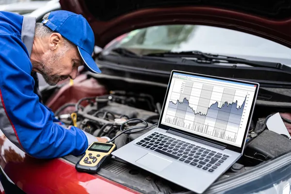 Servicio Diagnóstico Del Coche Reparación Electrónica Por Trabajador Mecánico — Foto de Stock