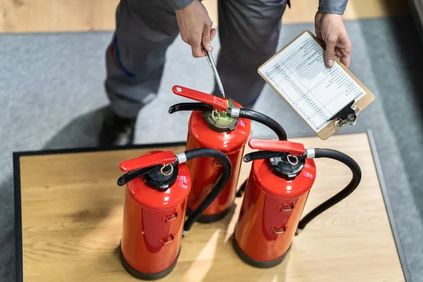 Fire Extinguisher Safety Prevention Check Emergency Equipment Inspection — Stock Photo, Image