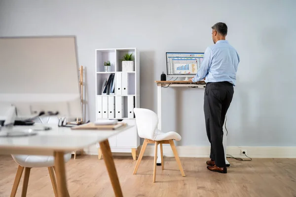 Bilgisayarı Kullanarak Ayarlanabilir Yükseklik Standı Ofiste — Stok fotoğraf