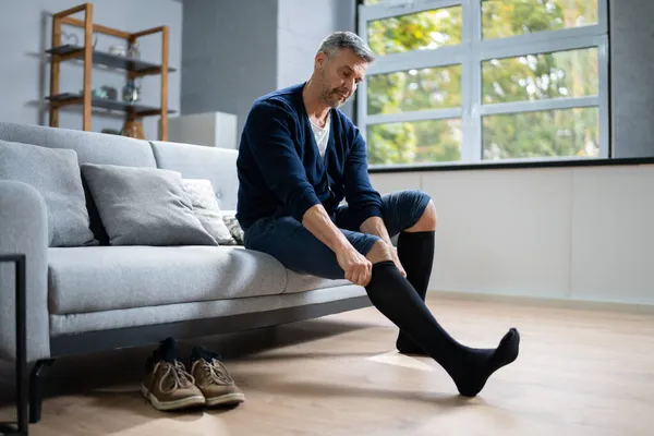 Man Putting Medical Compression Stockings Legs — Stock Photo, Image