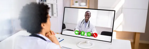 Video Conferencia Doctor Telemedicina Consultar Llamada Webinar —  Fotos de Stock