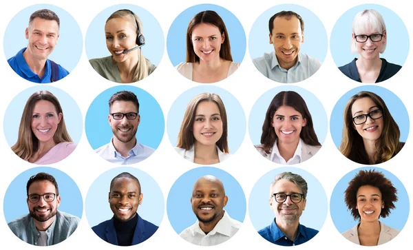 Gente Cara Disparo Collage Avatares Diversos Sobre Fondo Azul — Foto de Stock