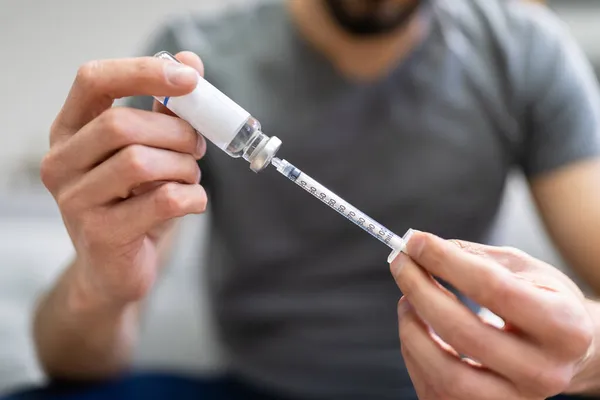 Paciente Haciendo Insulina Inyectada Por Solo Uso Jeringa Aguja — Foto de Stock